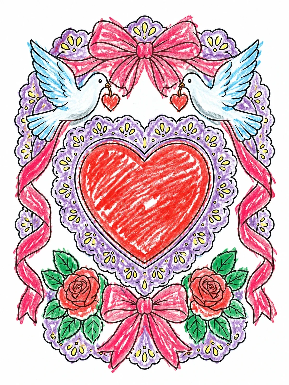 Colored example of the Victorian Valentine Lace Frame With Doves coloring page