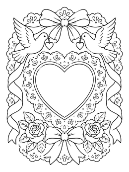 A vintage valentine coloring page featuring a lacy heart frame with doves, ribbons, and roses.