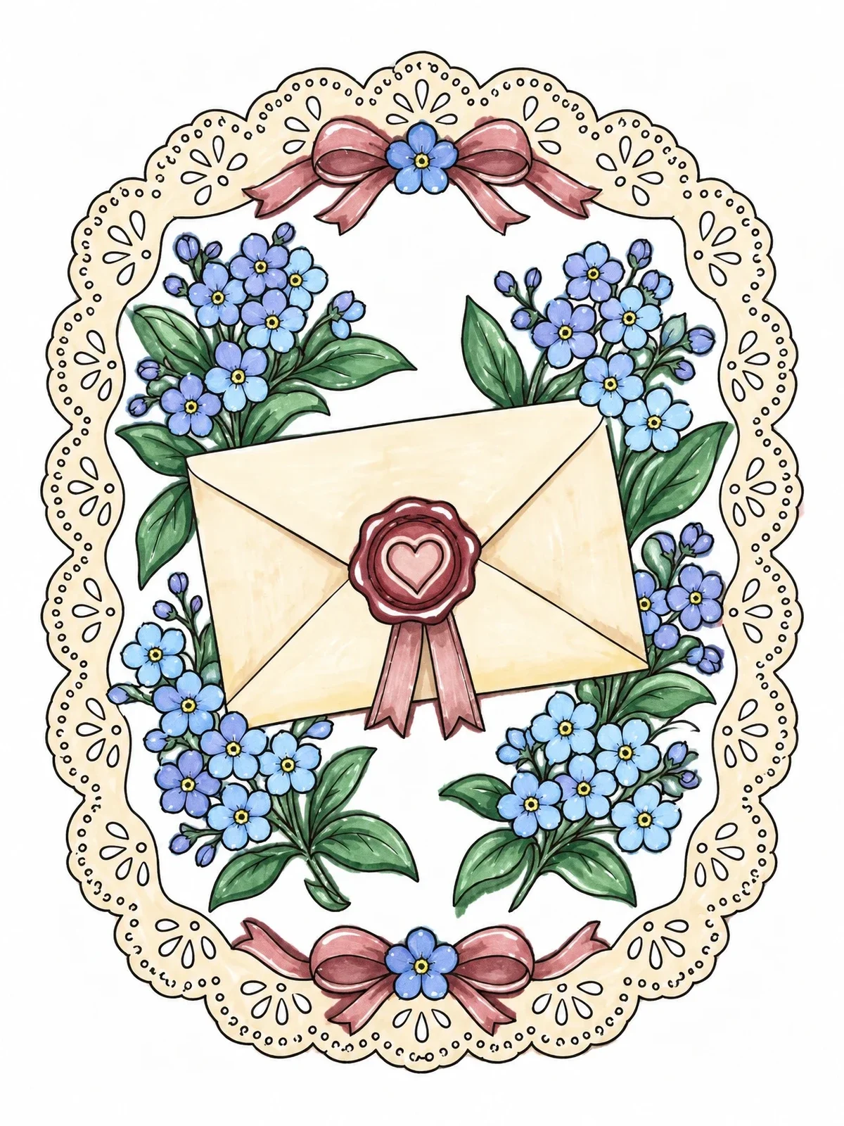 Colored example of the Wax Sealed Love Letter With Forget Me Nots coloring page