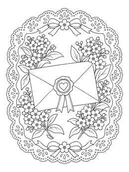 A vintage valentine coloring page featuring a wax-sealed love letter framed by delicate flowers and lace.