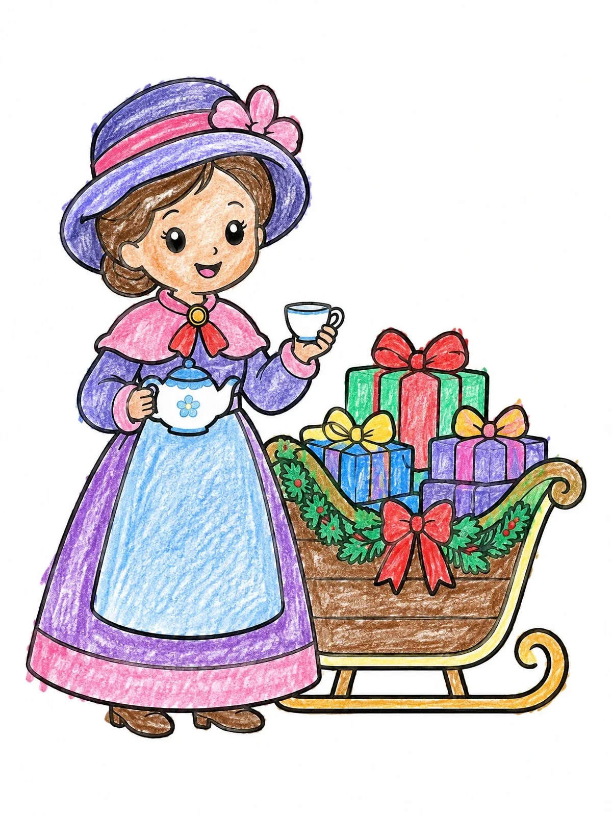 Colored example of the Victorian Lady With Sleigh And Presents coloring page
