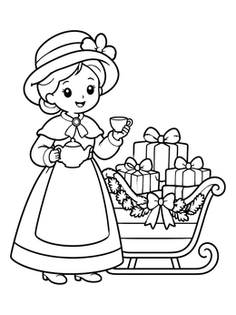 Free printable Victorian Lady With Sleigh And Presents coloring page