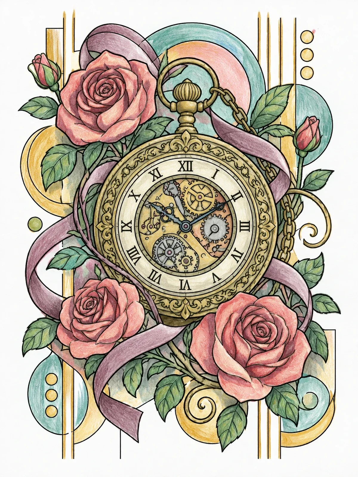 Colored example of the Victorian Pocket Watch And Roses coloring page