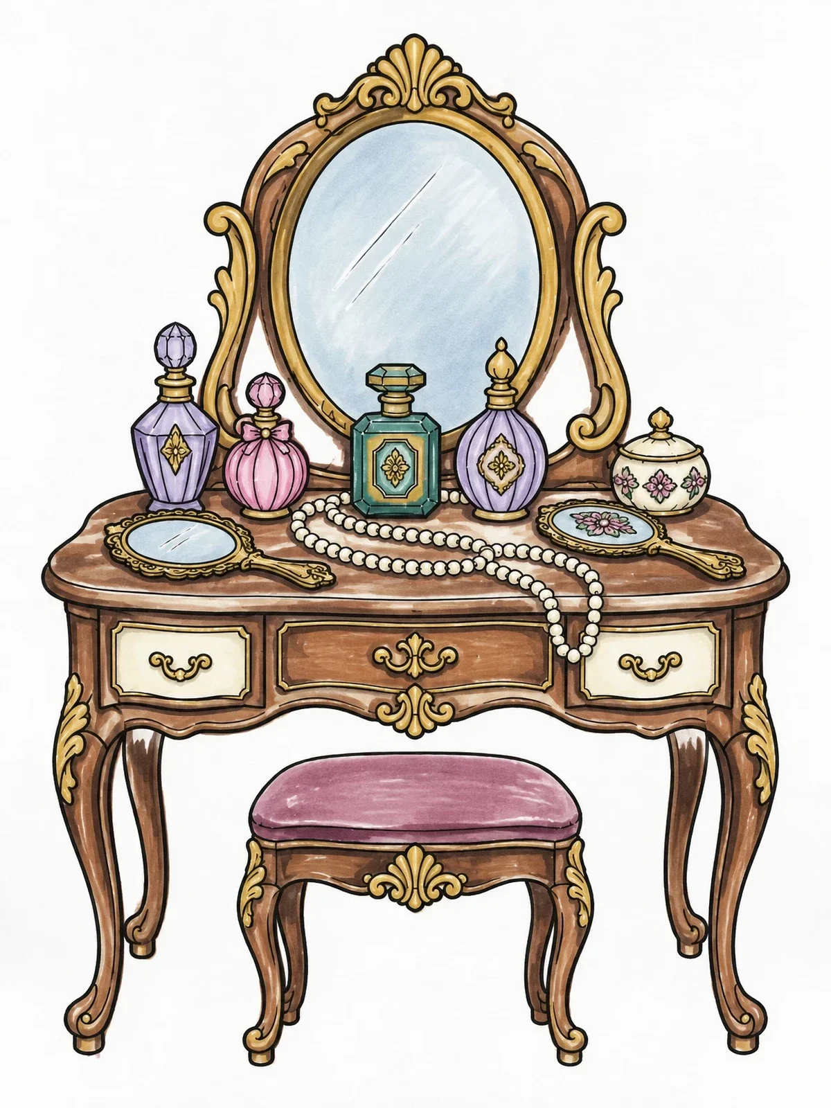 Colored example of the Victorian Vanity Table With Perfume Bottles coloring page
