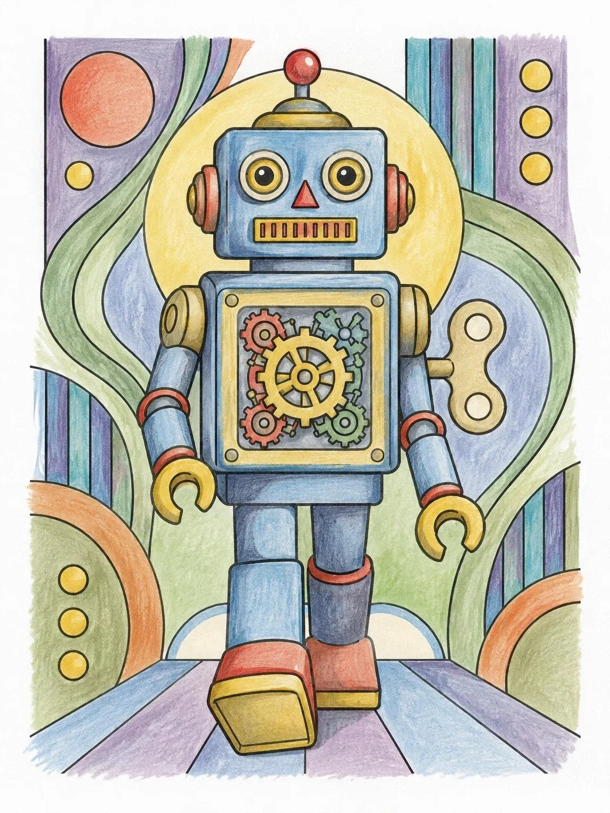 Colored example of the Vintage Wind Up Robot Toy coloring page