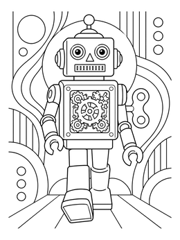 A vintage wind-up robot marches forward in this detailed toy coloring page.