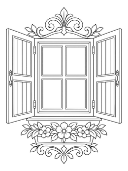 An ornate window coloring page with open wooden shutters, decorative crest, and floral window box.