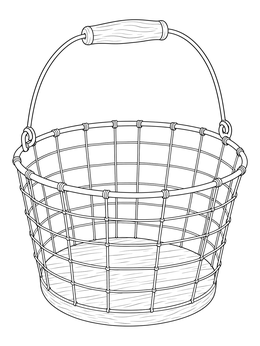 Empty wire mesh basket coloring page with wooden base and handle.