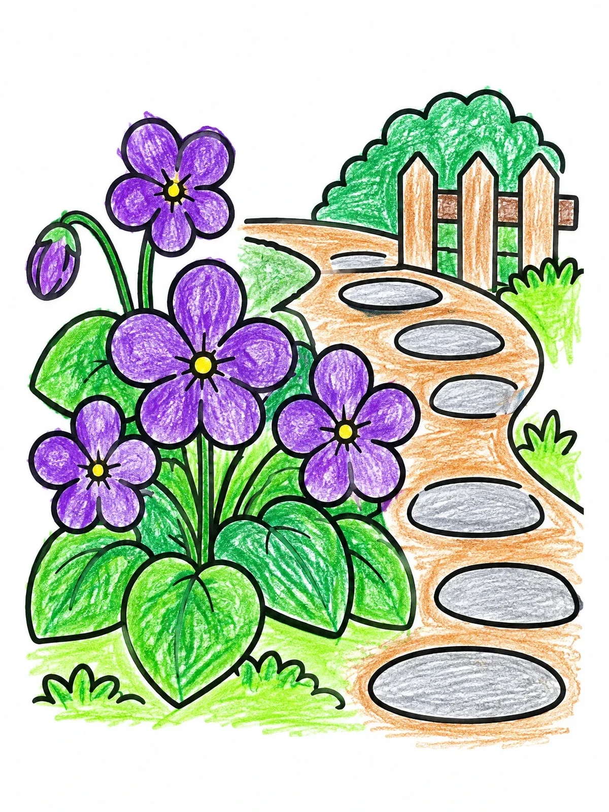 Colored example of the Violets Along Garden Path coloring page
