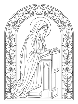 Virgin Mary reads in this annunciation coloring page framed by lilies.