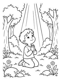 Free printable Boy Praying In Sunny Forest Grove coloring page