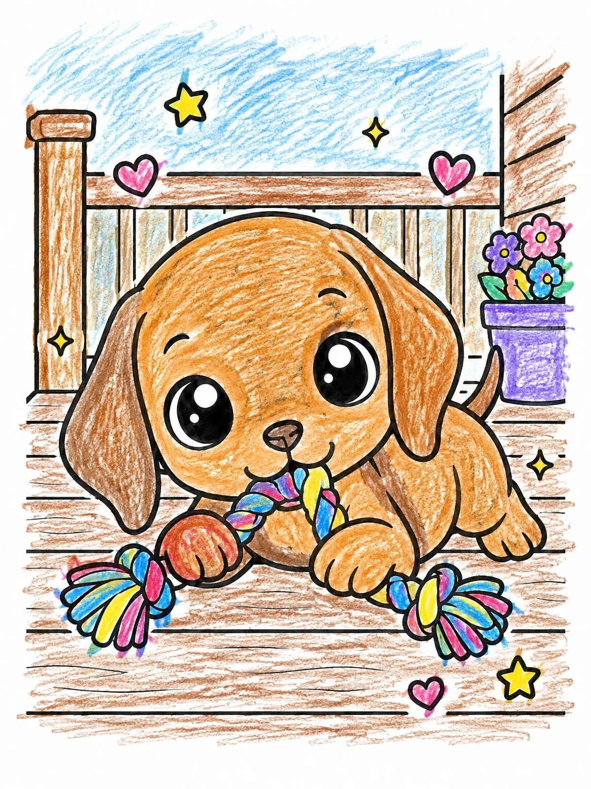 Colored example of the Playful Puppy With Rope Toy coloring page