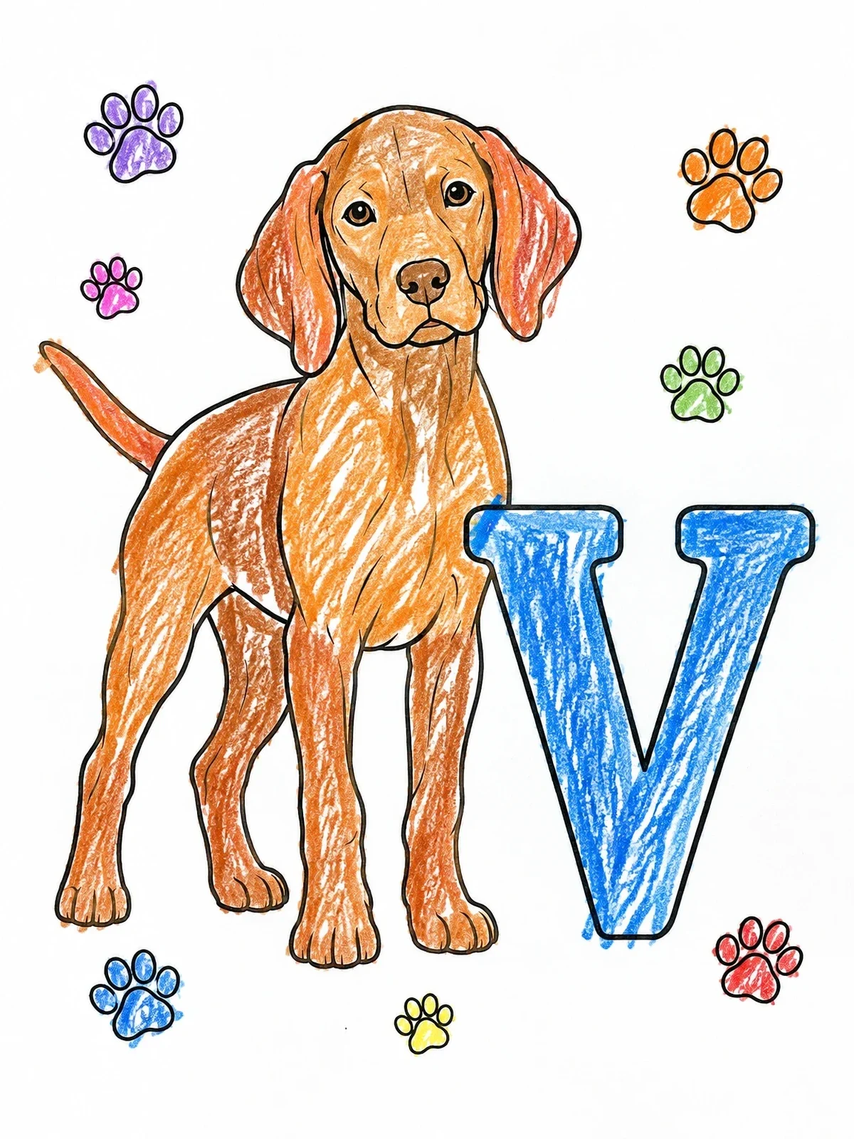 Colored example of the Vizsla Puppy With Letter V coloring page