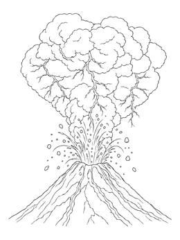 Dramatic eruption with lightning across ash clouds on this volcano coloring page.