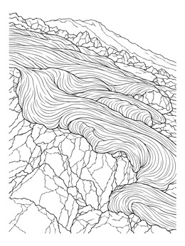 Rope-textured pahoehoe lava cascades over cracked rocks in this volcano coloring page.
