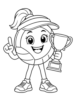 A happy volleyball character holding a trophy in this fun volleyball coloring page.