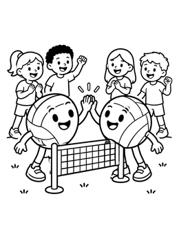 A fun volleyball coloring page with two smiling volleyball characters giving a high five over a net.