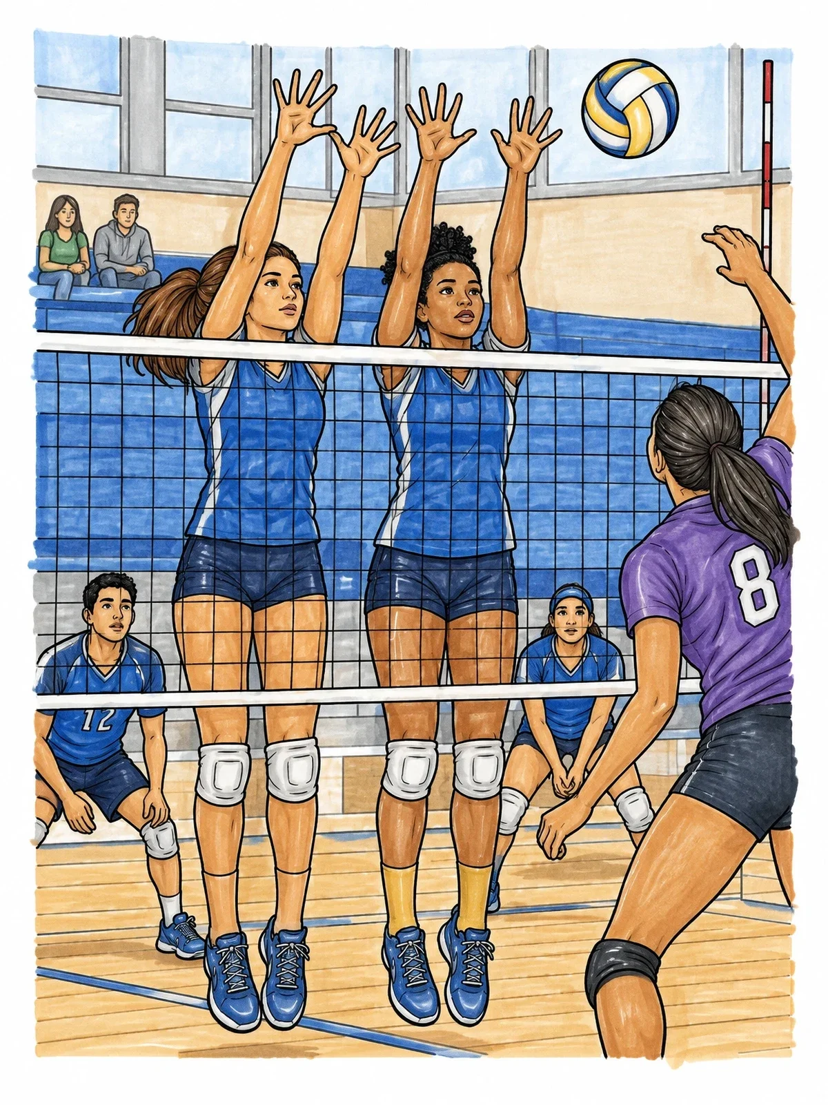 Colored example of the Volleyball Double Block At The Net coloring page