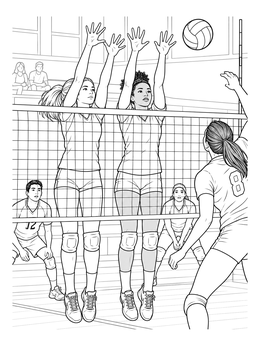 Two teammates jump to block a spike in this dynamic volleyball coloring page.