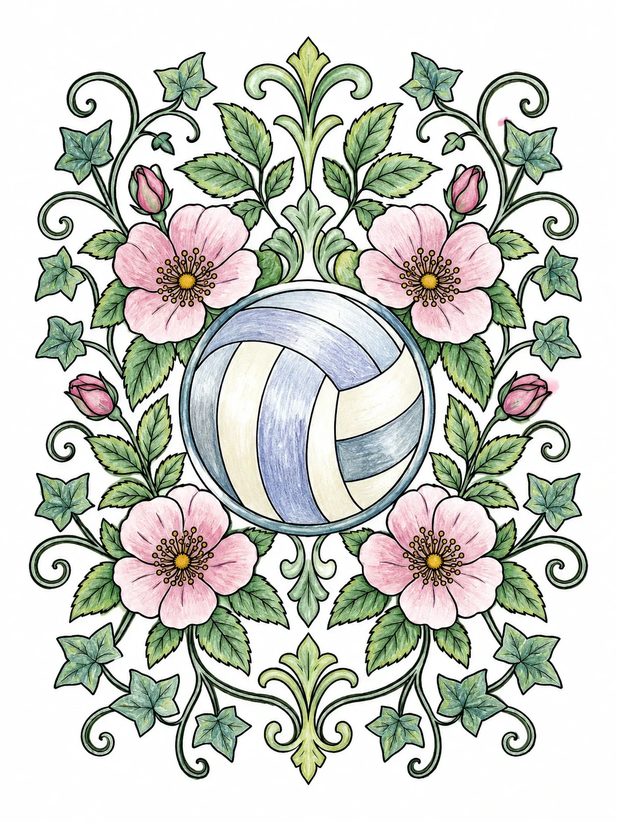 Colored example of the Volleyball With Floral Ivy Flourishes coloring page