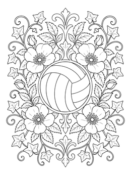 A detailed volleyball coloring page framed by blossoming wild roses, ivy vines, and leafy patterns.