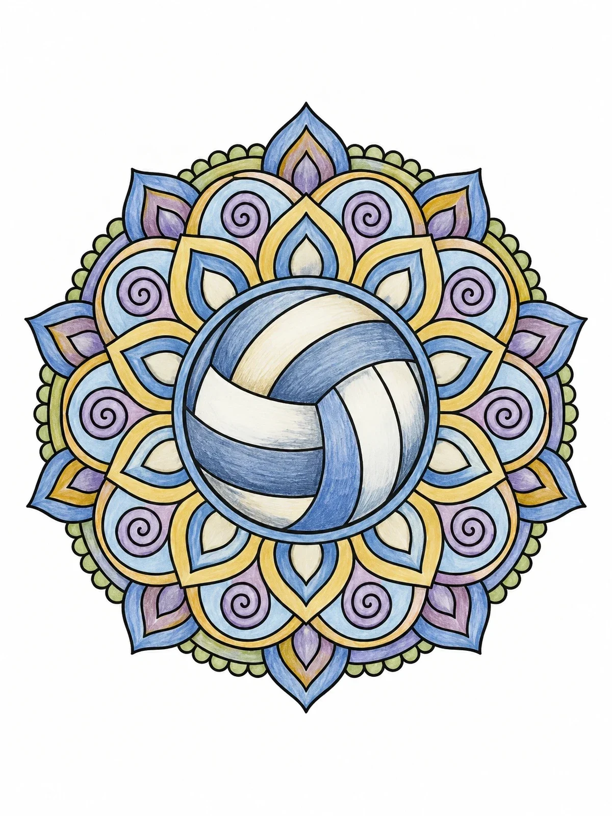 Colored example of the Volleyball Floral Mandala coloring page