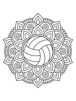 A detailed volleyball coloring page featuring a volleyball in the center of an intricate floral mandala.