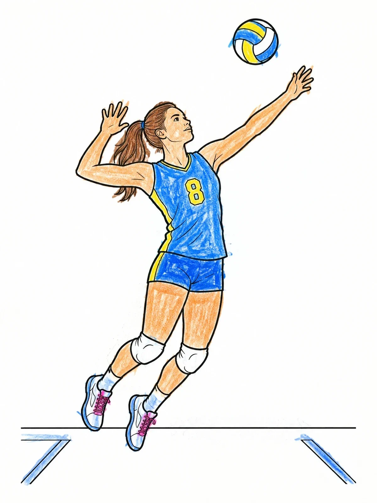 Colored example of the Volleyball Player Mid Air Serve coloring page