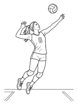 A female athlete jumping to spike the ball on this volleyball coloring page.