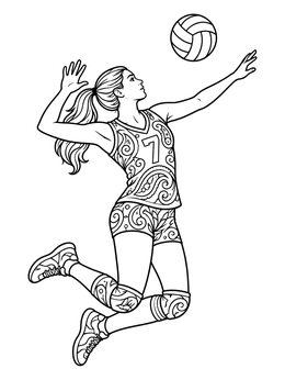 A dynamic volleyball coloring page featuring a female player mid-air preparing to spike the ball.