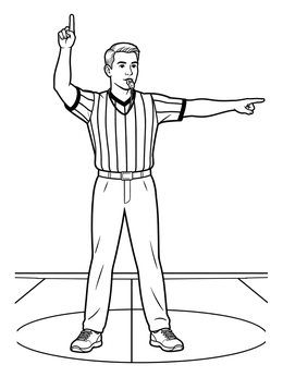 A clear volleyball coloring page showing a referee pointing and blowing a whistle.