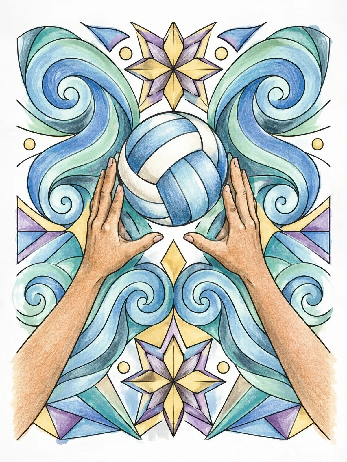 Colored example of the Volleyball Set With Swirling Mandalas coloring page