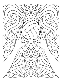 A decorative volleyball coloring page featuring hands setting a ball among intricate swirling patterns.