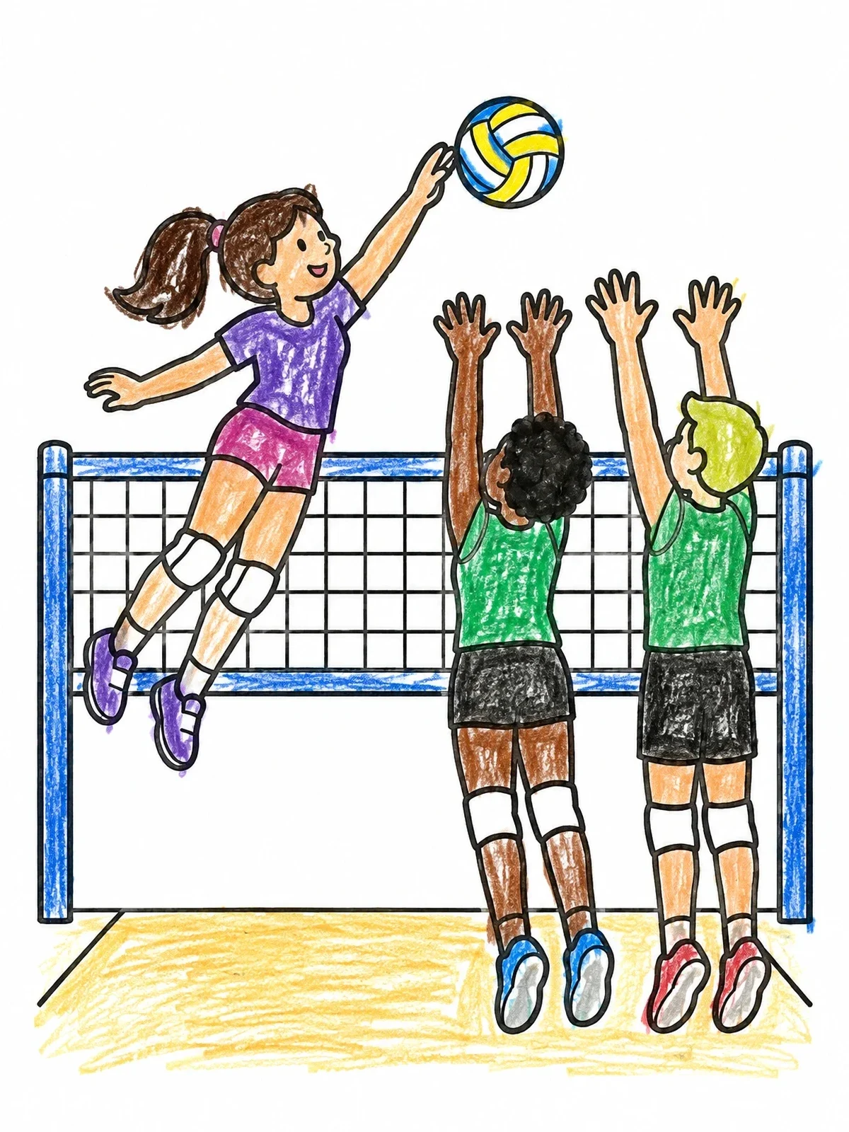 Colored example of the Volleyball Spike Over The Net coloring page