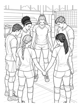 A focused team holds hands in this volleyball coloring page inside a sports hall.