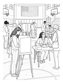 Citizens cast their ballots in an election day coloring page set inside a school gym.