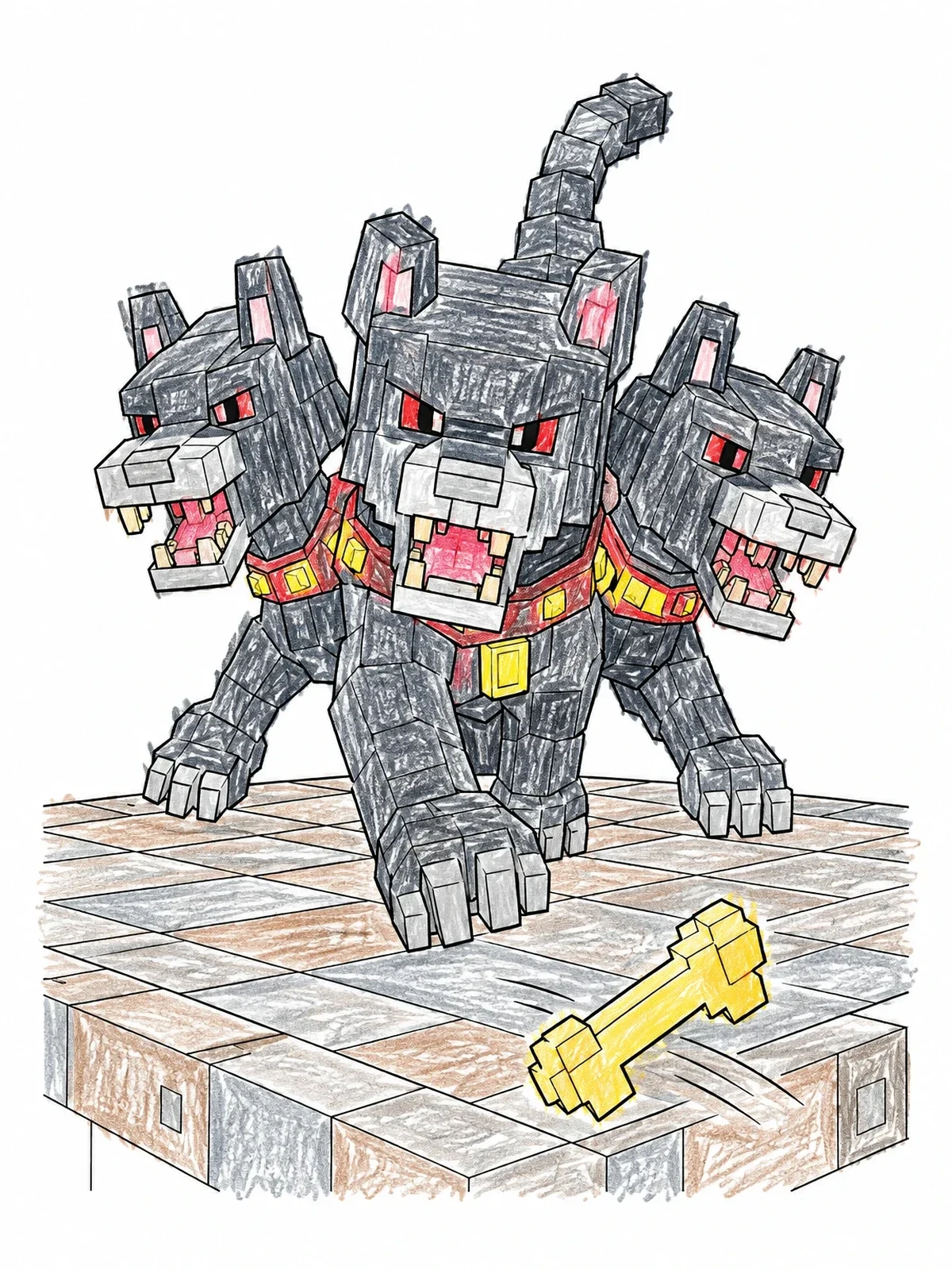 Colored example of the Voxel Cerberus Chasing Bone coloring page