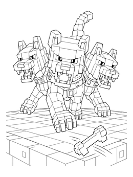 A blocky cerberus coloring page showing the three-headed dog pouncing after a bone on tiles.