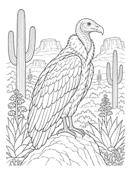 A detailed vulture coloring page featuring a large bird perched among desert cacti and mesas.
