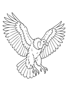 A detailed vulture coloring page featuring a large bird swooping down with wide outstretched wings.