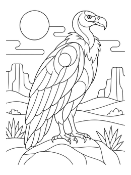 A detailed vulture coloring page standing perched on a rock in a desert landscape.