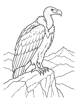 A detailed vulture coloring page perched on a rocky cliff with mountains.