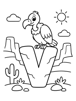 A friendly cartoon vulture perching on a big letter V coloring page in a desert canyon.