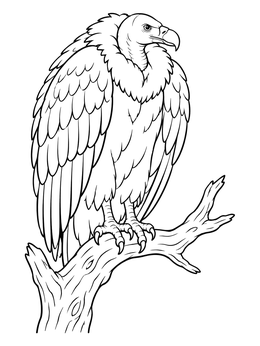 A detailed vulture coloring page showing the bird perched on a branch.