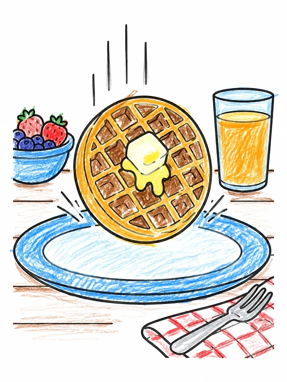 Colored example of the Crispy Waffle Landing On Plate coloring page