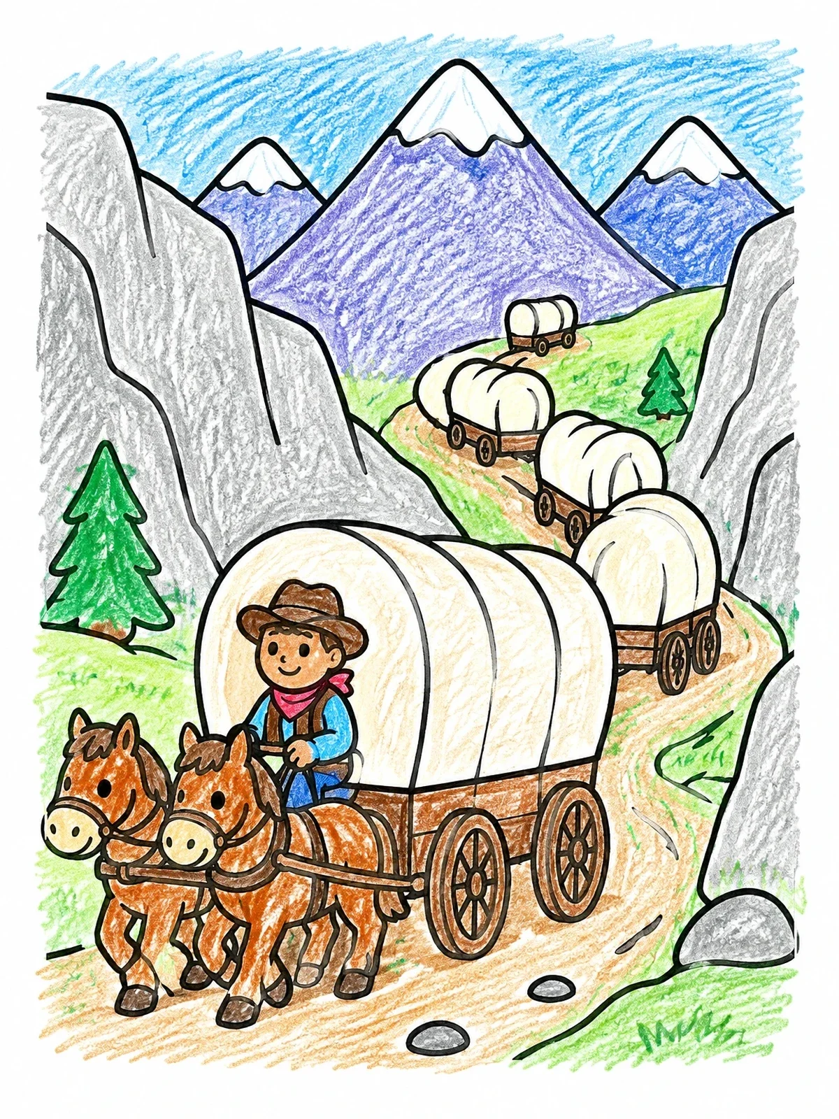 Colored example of the Wagon Train In Mountain Pass coloring page