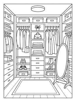A neat walk-in wardrobe backdrop in this paper doll coloring page with clothes and a standing mirror.