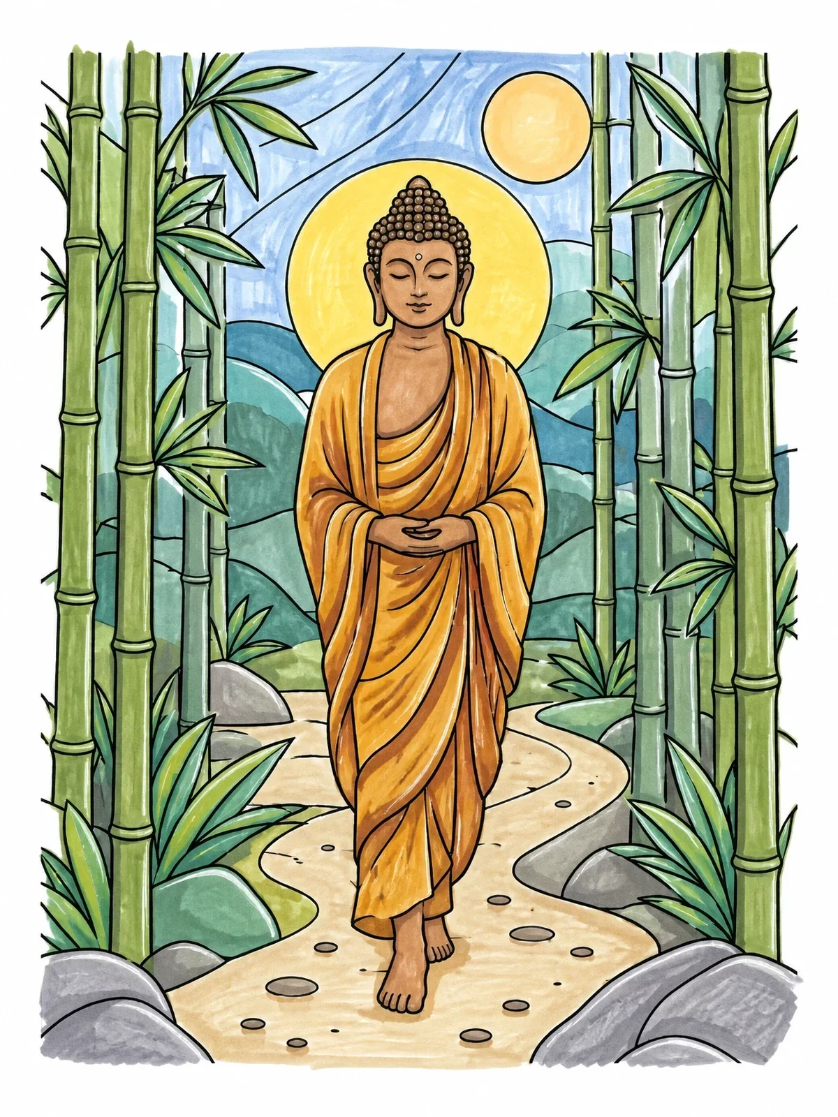 Colored example of the Walking Buddha In Bamboo Forest coloring page