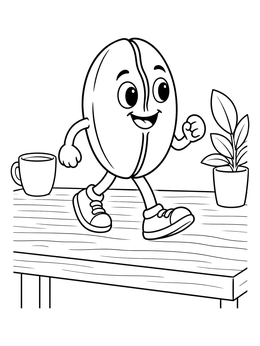 A happy coffee bean character walks across a table in this coffee coloring page.