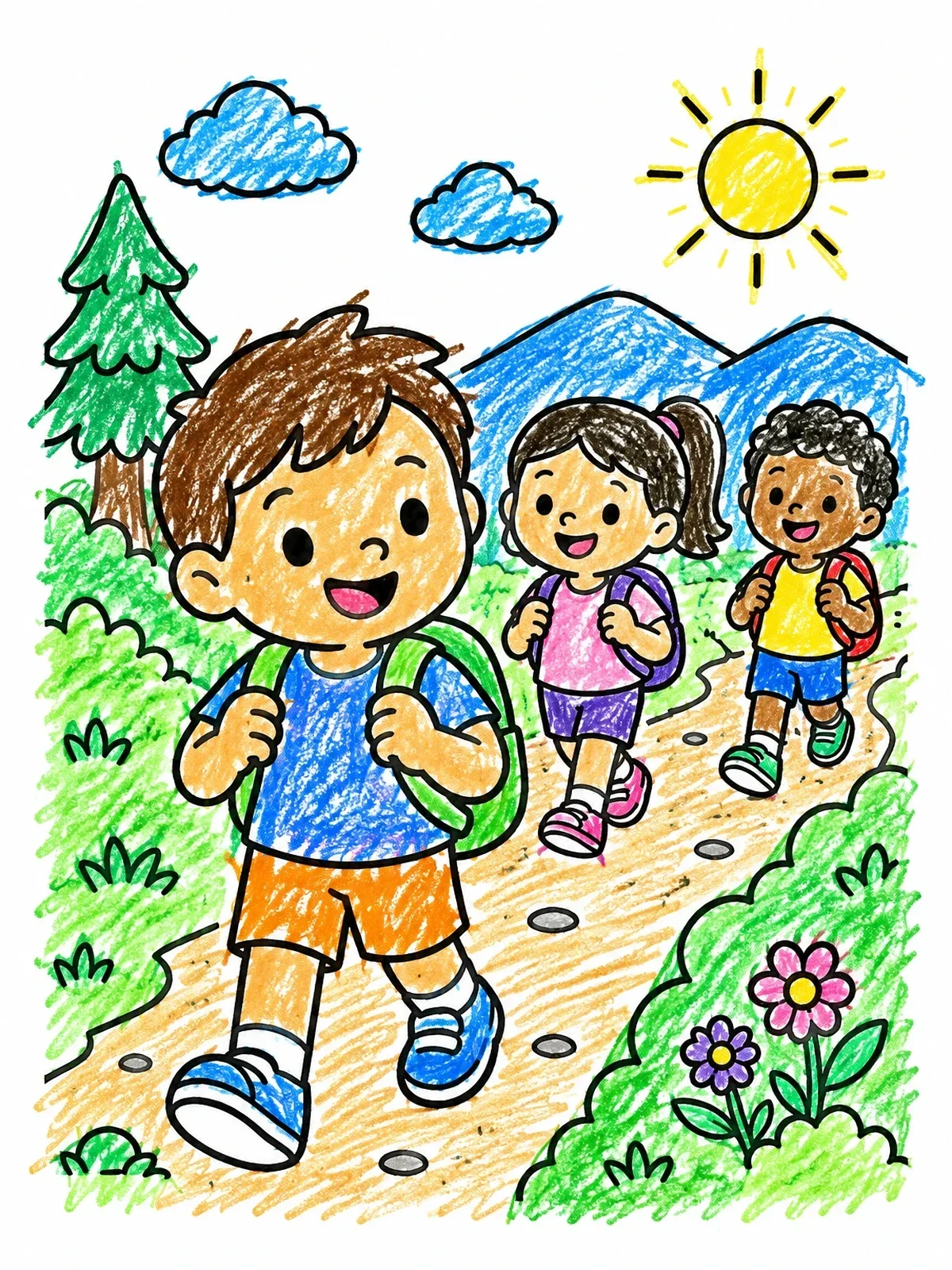 Colored example of the Happy Kids Hiking Outdoors coloring page
